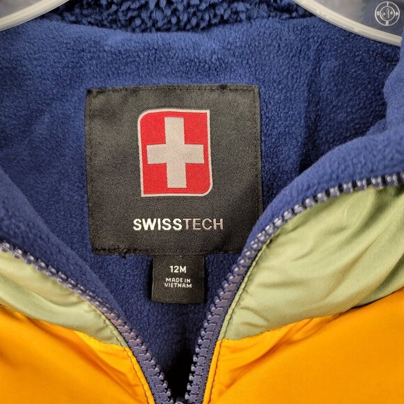 Swiss Tech 12M Boys Puffer Jacket Hood Mitten Covers Blue Yellow Green Peaks - Picture 2 of 7